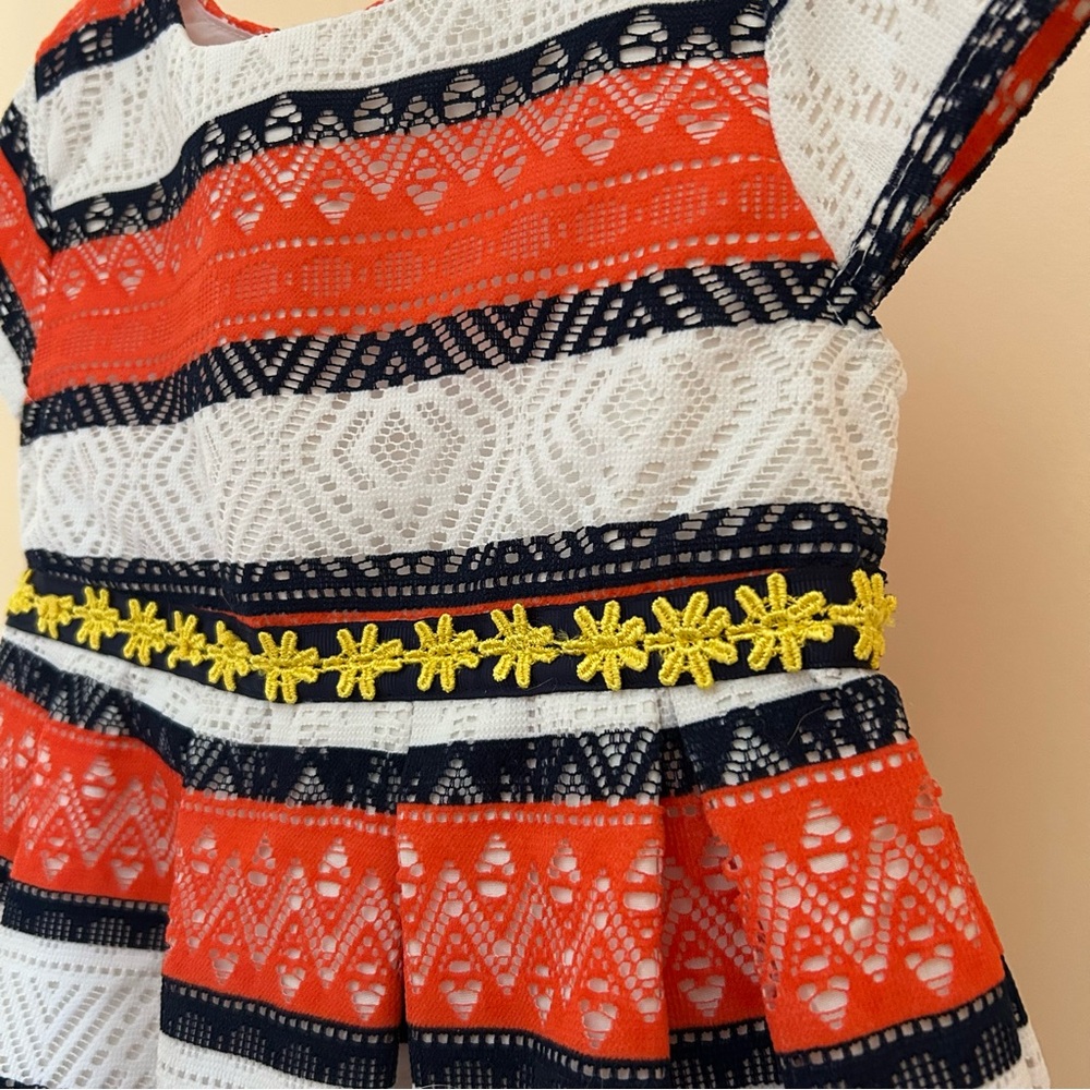 Colorblock Lace Party Dress | Girl 4T | Fit & Flare | Orange Navy Mint Yellow - Picture 2 of 6